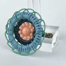 Load image into Gallery viewer, Original 1940's Pink, Green, Blue and Black Wartime Make Do and Mend Brooch with Flower Button Trim