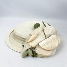 Load image into Gallery viewer, Original 1940’s 1950’s Cream Straw Hat with Velvet Trim and Large Fabric Rose