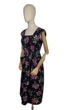 Load image into Gallery viewer, Original 1950's Classic Black Cotton Day Dress with Large Pink Roses - Bust 34 *
