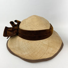 Load image into Gallery viewer, Original 1950's Natural Straw Hat with Dark Chocolate Brown Velvet Ribbon and Bow Trim - AS IS *