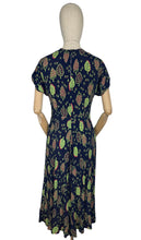 Load image into Gallery viewer, Stunning Original 1940's Dark Blue Dress with Cerise Pink and Lime Green Leaf Print