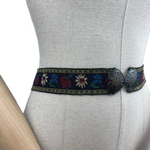 Load image into Gallery viewer, Vintage Embroidered Tyrolean Brooch Featuring Edelweiss and Gentian with Heart Shaped Double Buckle - Waist 29 30
