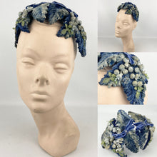Load image into Gallery viewer, Original 1950’s Flower and Leaf Half Hat in Soft Blue and Green with Double Bow Trim