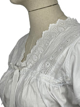 Load image into Gallery viewer, Antique White Cotton Chemise with Sleeves - Broderie Anglaise, Pintucks, Tie Waist and Yoke - Bust 34 36 *