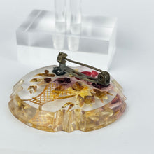 Load image into Gallery viewer, Original 1940's 1950's Reverse Carved Lucite Brooch with Scalloped Edge and Pretty Flowers in a Vase