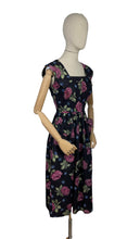 Load image into Gallery viewer, Original 1950's Classic Black Cotton Day Dress with Large Pink Roses - Bust 34 *