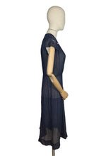 Load image into Gallery viewer, Charming Original Late 1930's or Early 1940's Sheer Navy and White Swiss Dot Dress with Ric-rac Trim - Bust 34 36