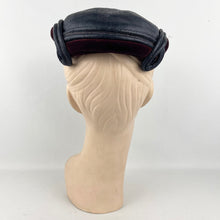 Load image into Gallery viewer, Original 1950’s Gertrude Singer Navy Blue Straw Hat with Wine Cotton Velvet Trim