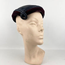 Load image into Gallery viewer, Original 1950’s Gertrude Singer Navy Blue Straw Hat with Wine Cotton Velvet Trim