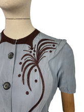 Load image into Gallery viewer, Original 1940’s CC41 Blue Cotton Dress with Brown Appliqué for the Shorter Lady - Wounded But Wearable - Bust 35 36