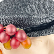 Load image into Gallery viewer, Original 1950’s Black Straw Hat with Velvet and Bunch of Grapes Trim