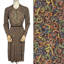 Load image into Gallery viewer, Original 1930’s Brown Crepe Long Sleeved Dress with Pretty Print in Blue, Rust, Green and Yellow - Bust 36 38