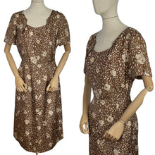 Load image into Gallery viewer, Original 1950's Pure Silk Wiggle Dress in Autumnal Print of Brown and Cream - Bust 40 *