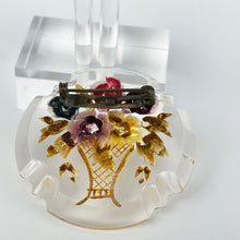 Load image into Gallery viewer, Original 1940's 1950's Reverse Carved Lucite Brooch with Scalloped Edge and Pretty Flowers in a Vase