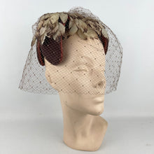 Load image into Gallery viewer, Original 1950's Brown and Cream Floral Half Hat with Veil *