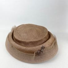 Load image into Gallery viewer, Original 1950’s Light Brown Straw Hat with Net and Bead Trim - Great Summer Hat *
