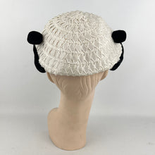 Load image into Gallery viewer, Original 1950's White and Black Hat with Velvet Bobble Trim - Charming Little Piece *