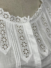Load image into Gallery viewer, Antique White Cotton Chemise with Broderie Anglaise, Pintucks, Tie Waist and Yoke, Mother of Pearl Buttons - Bust 32 34 *