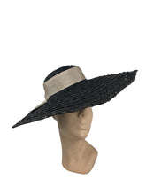 Load image into Gallery viewer, Huge Original 1940's Black Coarse Straw Sunhat with Wide Grosgrain Trim and Bow *