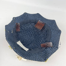 Load image into Gallery viewer, Original 1950’s Lacquered Raffia Hat with Flower Trim and Net in Navy, White and Yellow