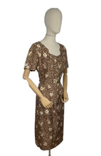 Load image into Gallery viewer, Original 1950's Pure Silk Wiggle Dress in Autumnal Print of Brown and Cream - Bust 40 *