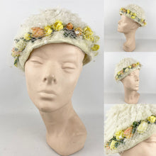 Load image into Gallery viewer, Original Late 1950's White Net Summer Hat with Orange and Yellow Flower Trim *