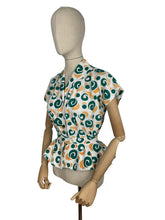 Load image into Gallery viewer, Original Late 1940’s or Early 1950’s Peplum Blouse in Green, Orange and White - Bust 34 36