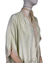 Load image into Gallery viewer, Original 1920's 1930's Bourne and Hollingsworth Pale Green Pure Silk Bed Jacket With Tambour Lace Detail and Ribbon Tie - Bust 34" 36" 38" 40"