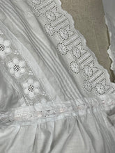 Load image into Gallery viewer, Antique White Cotton Chemise with Sleeves - Broderie Anglaise, Pintucks, Tie Waist and Yoke - Bust 34 36 *