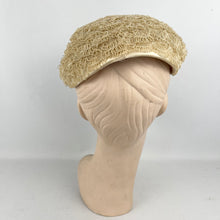Load image into Gallery viewer, Original 1950’s Hat in Cream with Satin Edging and Soft Green Velvet Bow Trim *