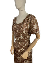Load image into Gallery viewer, Original 1950's Pure Silk Wiggle Dress in Autumnal Print of Brown and Cream - Bust 40 *