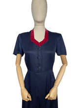 Load image into Gallery viewer, Original 1940's Classic Navy Blue Day Dress with Button Front and Red Velvet Trim - Bust 35 36 *