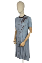 Load image into Gallery viewer, Original 1940’s CC41 Blue Cotton Dress with Brown Appliqué for the Shorter Lady - Wounded But Wearable - Bust 35 36