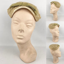Load image into Gallery viewer, Original 1950’s Hat in Cream with Satin Edging and Soft Green Velvet Bow Trim *