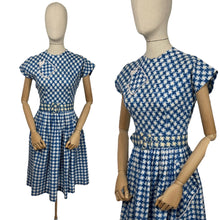 Load image into Gallery viewer, Original 1950's Blue and White Houndstooth Print Belted Peggy Petite by Peggy Page Dress - Bust 34 *