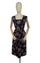 Load image into Gallery viewer, Original 1950's Classic Black Cotton Day Dress with Large Pink Roses - Bust 34 *