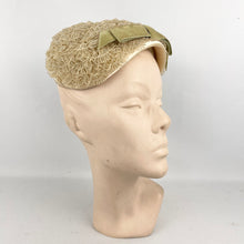 Load image into Gallery viewer, Original 1950’s Hat in Cream with Satin Edging and Soft Green Velvet Bow Trim *