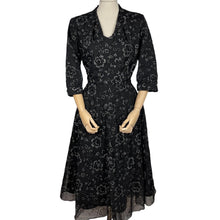 Load image into Gallery viewer, Original 1950's Volup Cocktail Dress in Black Net With Flower Print by Philip Kunick - Bust 42 44