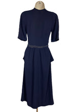 Load image into Gallery viewer, Original 1930's Navy Blue Crepe Belted Day Dress with Half Peplum and Two-Tone Buttons - Bust 32" *