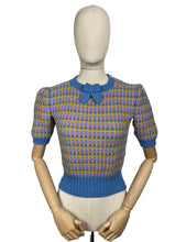 Load image into Gallery viewer, Reproduction 1940's Waffle Stripe Jumper in Blue, Pink, Purple and Mustard Knitted from a Wartime Pattern - Bust 36 38 40