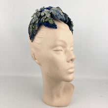 Load image into Gallery viewer, Original 1950’s Flower and Leaf Half Hat in Soft Blue and Green with Double Bow Trim