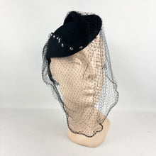 Load image into Gallery viewer, Original 1930’s 1940’s Studded Black Felt Marshall and Snelgrove Hat with Face Veil *