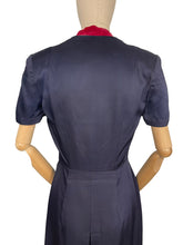 Load image into Gallery viewer, Original 1940's Classic Navy Blue Day Dress with Button Front and Red Velvet Trim - Bust 35 36 *