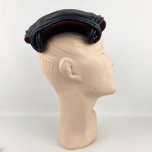 Load image into Gallery viewer, Original 1950’s Gertrude Singer Navy Blue Straw Hat with Wine Cotton Velvet Trim