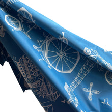 Load image into Gallery viewer, Original 1950's Cotton Sateen Dressmaking Fabric - Blue with White Design of Plans for Various Modes of Transport - 36" x 144"
