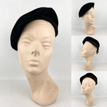 Load image into Gallery viewer, Original 1950's Inky Black Fur Felt Side Tilt Hat with Shaped Brim and Bow Trim