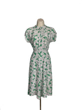 Load image into Gallery viewer, Original 1940’s Cold Rayon Day Dress in Green and White Flower and Spiderweb Print - Bust 34