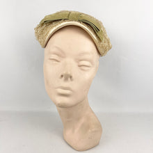 Load image into Gallery viewer, Original 1950’s Hat in Cream with Satin Edging and Soft Green Velvet Bow Trim *