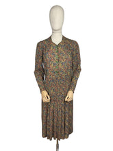 Load image into Gallery viewer, Original 1930’s Brown Crepe Long Sleeved Dress with Pretty Print in Blue, Rust, Green and Yellow - Bust 36 38