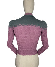 Load image into Gallery viewer, 1940's Reproduction Hand Knitted Long Sleeved Cable Jumper with Neat Collar in Mauve Pink and Ginseng Grey - Bust 34